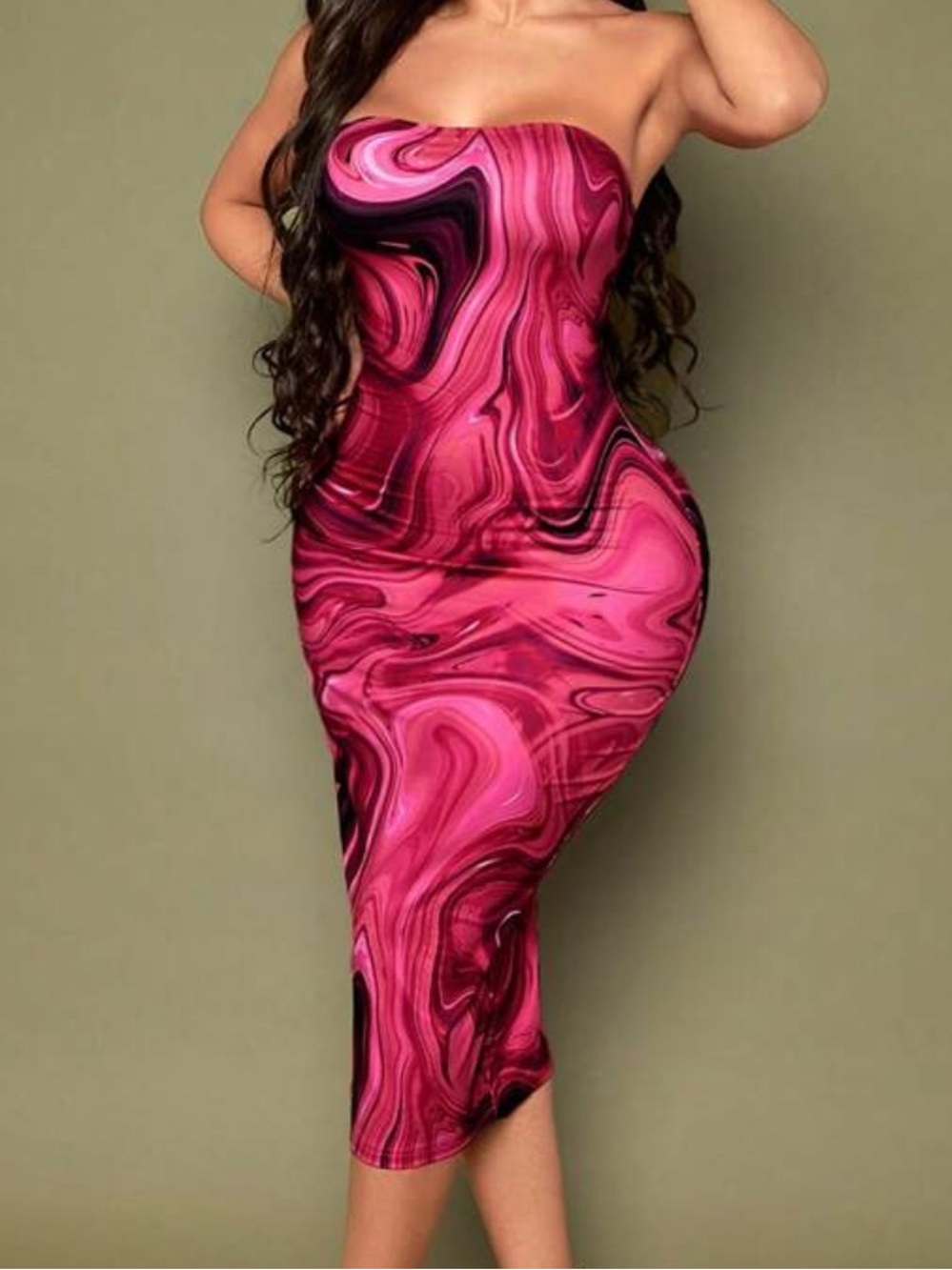 Strapless Marble-Print Dress in Vibrant Pink